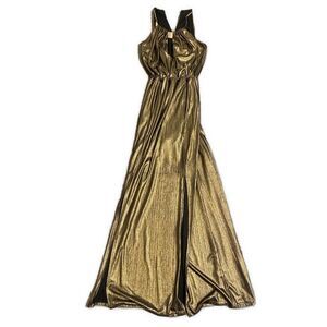 Guess Dark Gold Metallic Cleopatra Tank Maxi Dress V Neck Deep Plunge Xs
